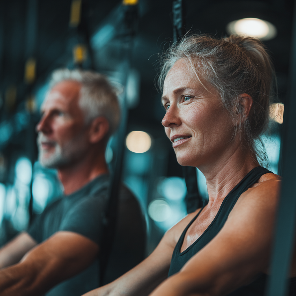 Middle-aged fitness enthusiasts working out together in modern gym