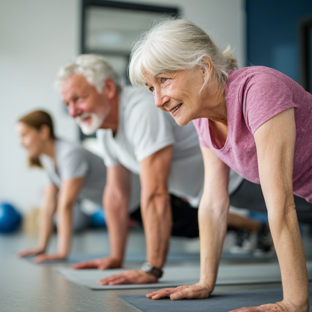 Senior adults participating in functional fitness training session